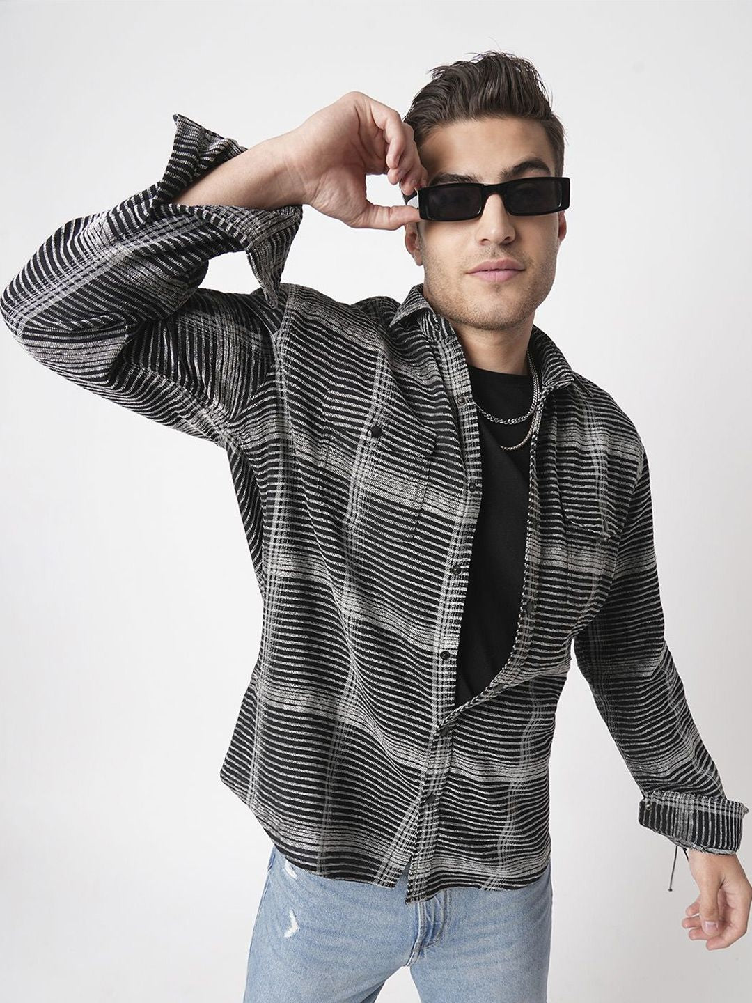 VASTRADO Men Black & White Checked Double Flap Pocket Textured Overshirt