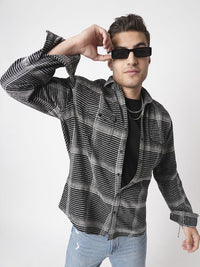 VASTRADO Men Black & White Checked Double Flap Pocket Textured Overshirt