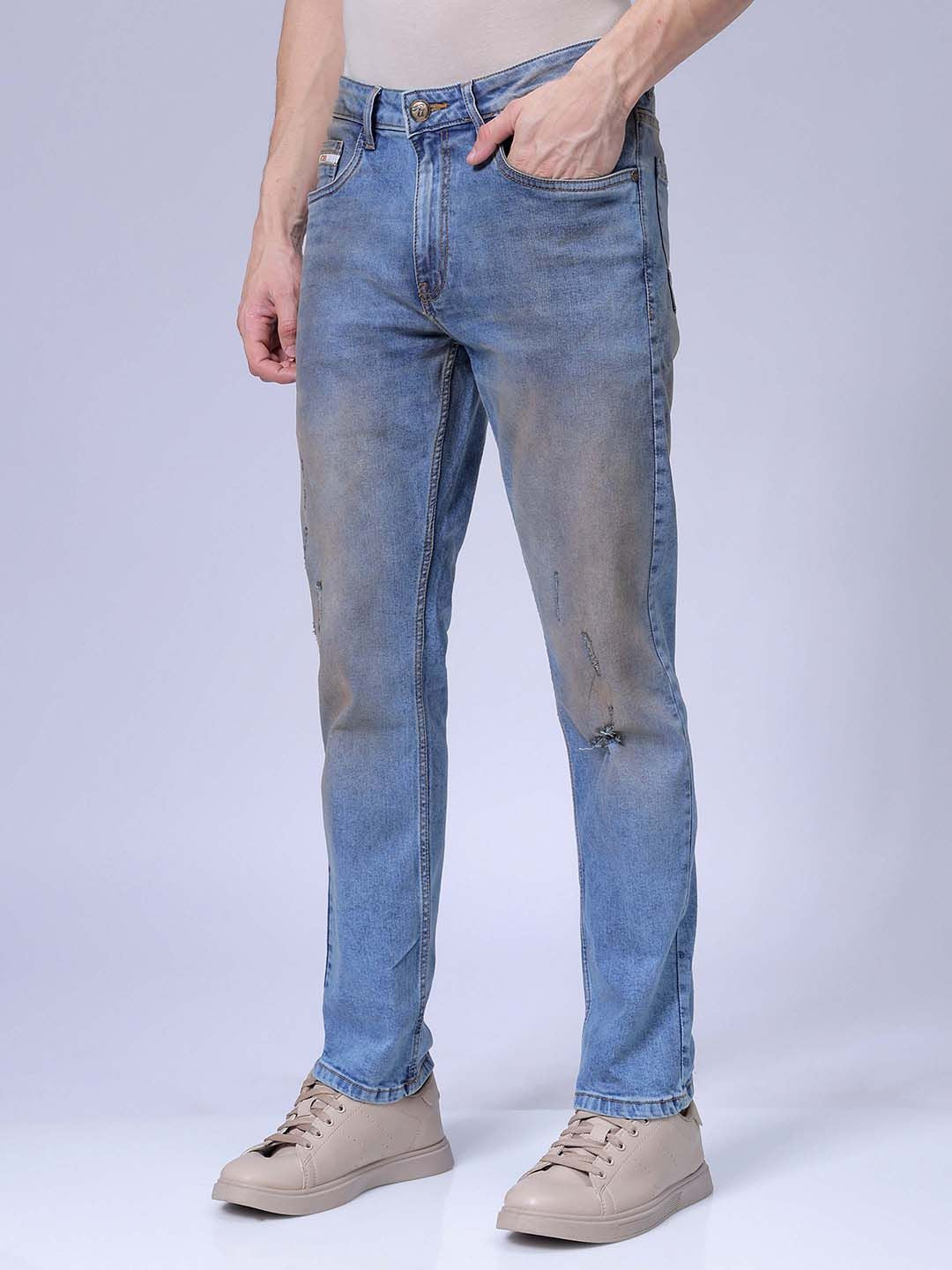The Indian Garage Co Men Straight Fit Heavy Fade Low Distress Stretchable Jeans