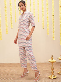Vishudh White & Blue Floral Printed Shirt Collar Tunic & Trousers