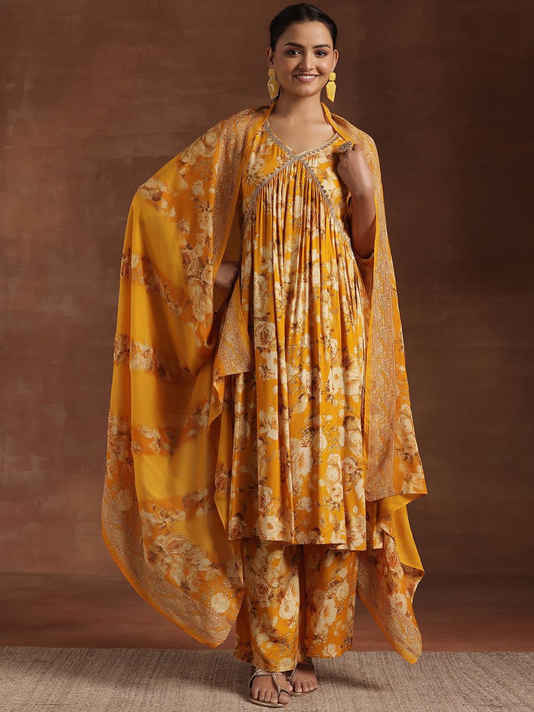 Libas Floral Printed Empire Sequinned A-Line Kurta With Palazzo & Dupatta