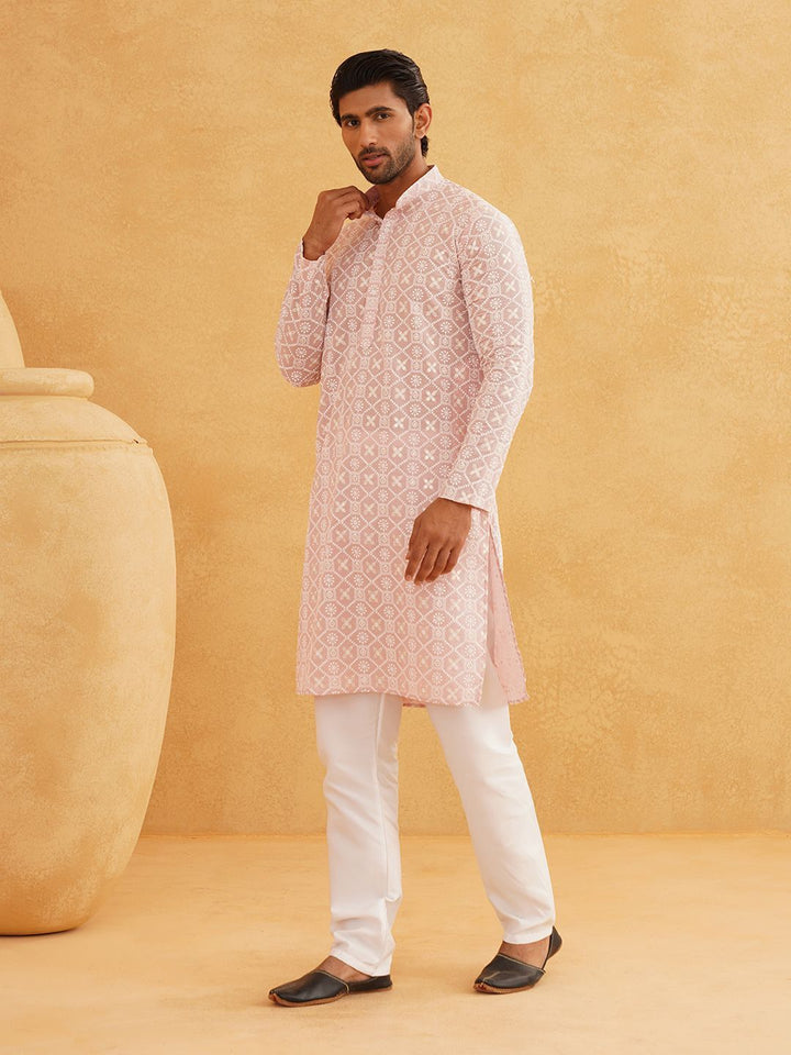 SOJANYA Floral Embroidered Sequinned Band Collar Pure Cotton Kurta With Churidar