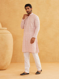 SOJANYA Floral Embroidered Sequinned Band Collar Pure Cotton Kurta With Churidar