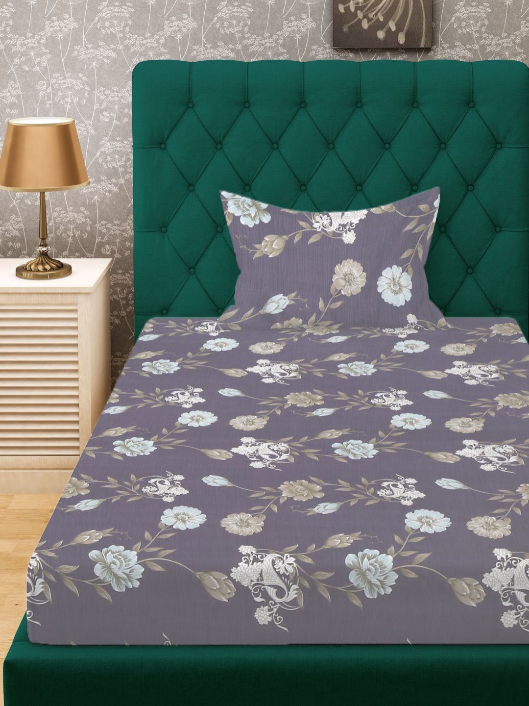 KLOTTHE Purple Floral Polycotton 300 TC Single Fine Bedsheet with a Pillow Cover-89 x 59 inches