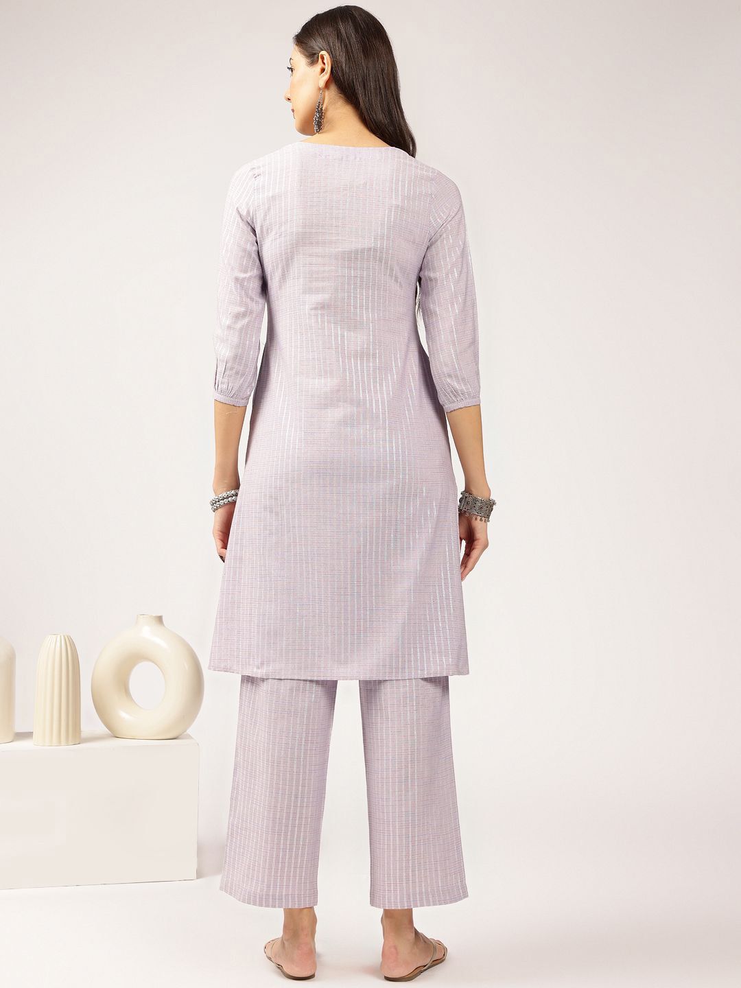 Anouk Lavender Striped Straight Kurta with Trousers