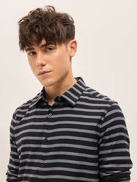 THE BEAR HOUSE Men Spread Collar Horizontal Striped Cotton Slim Fit Casual Shirt