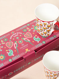 Chumbak Red & Beige Suzani Bloom Tea Trio Gift Set Of 3 Comes In A Gift Box