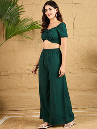 Berrylush Green V-Neck Crop Top With Palazzo