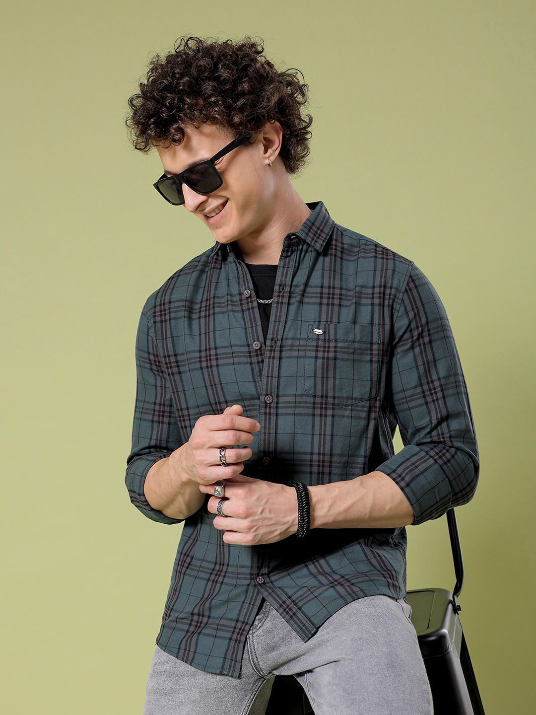 The Indian Garage Co Slim Fit Tartan Checks Opaque Twill Cotton Casual Shirt