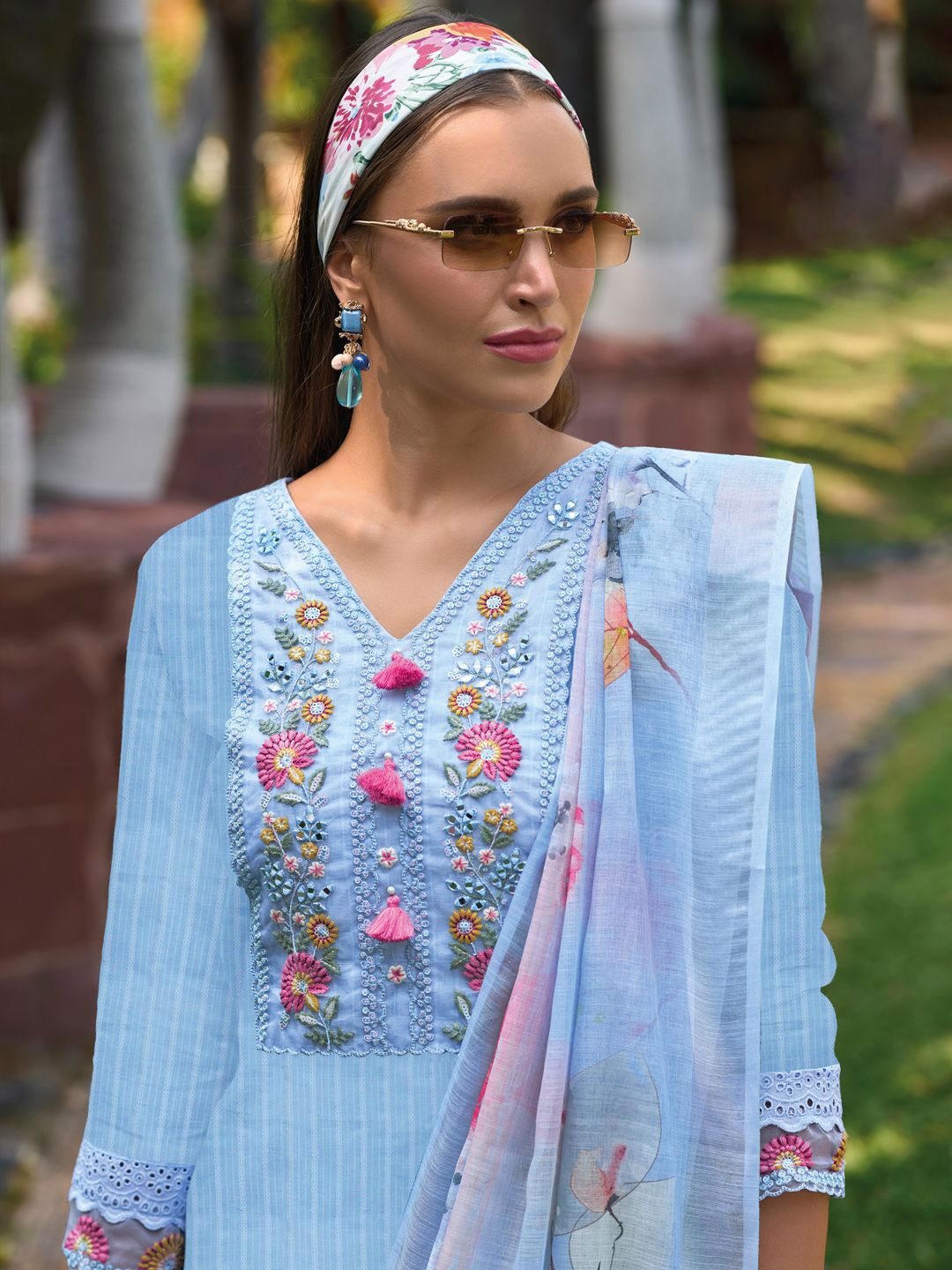 Indo Era Floral Embroidered Pure Cotton Kurta With Trousers & Dupatta