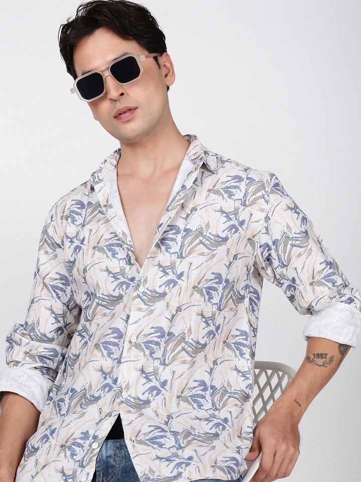 Bene Kleed Men Slim Fit Floral Printed Slub Texture Casual Shirt