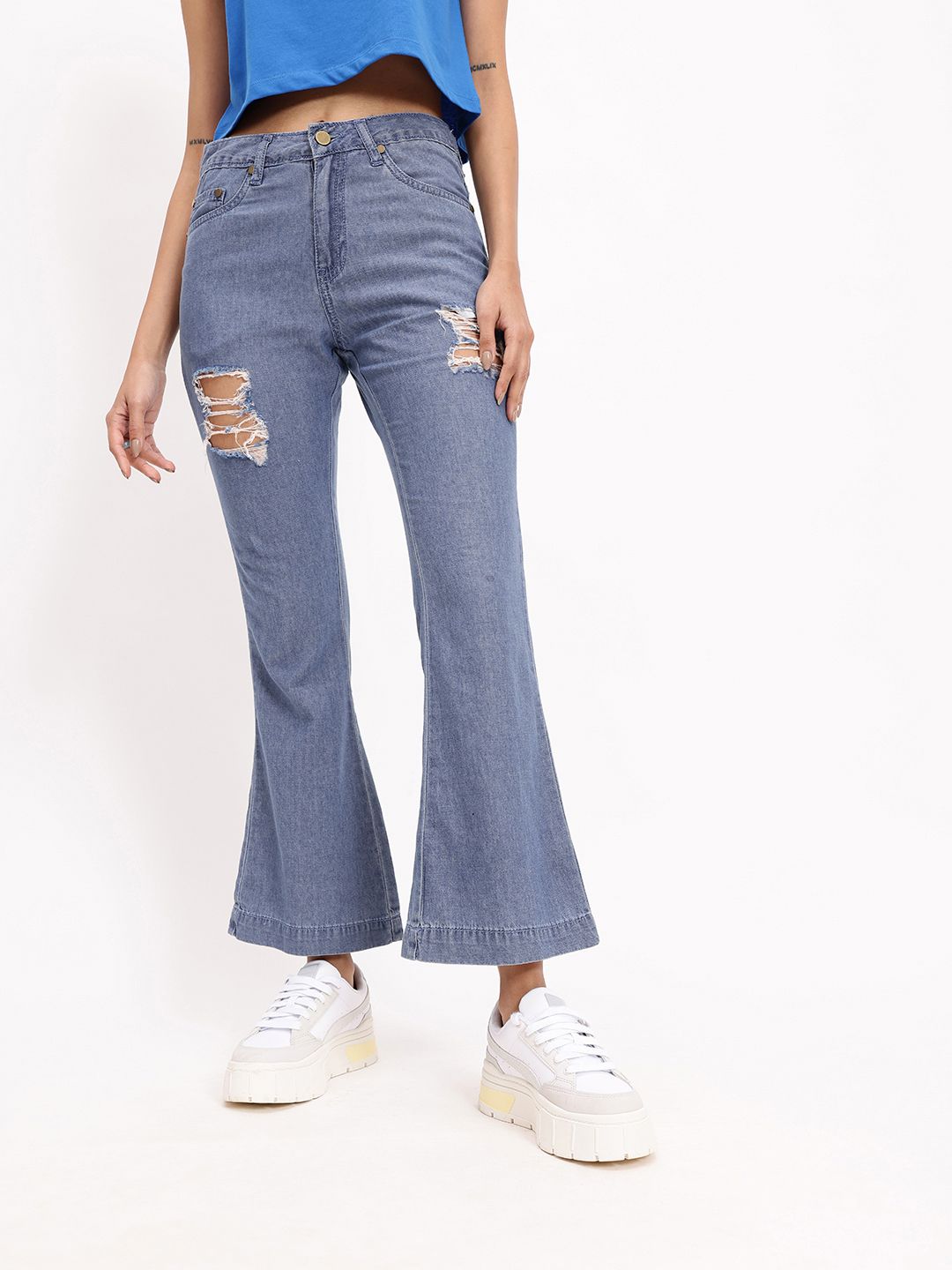 DressBerry Women Fresh And Modern Distressed Pure Cotton Flared Jeans