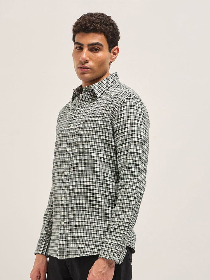 THE BEAR HOUSE Men Slim Fit Micro Checked Spread Collar Cotton Casual Shirt