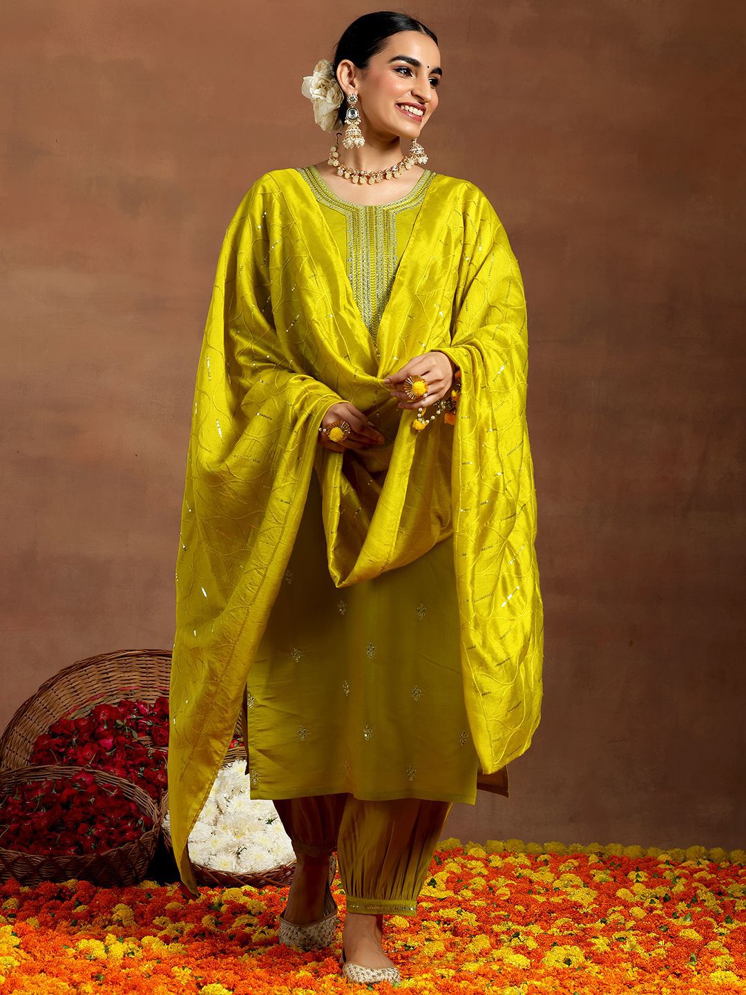 Libas Floral Embroidered Sequinned Straight Kurta with Salwar & With Dupatta