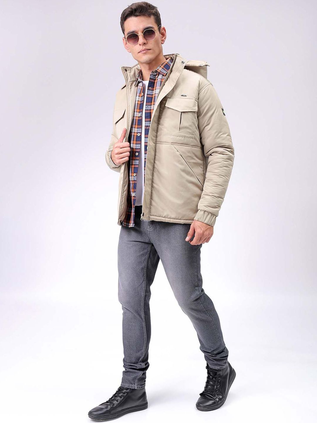 The Indian Garage Co Men Beige Solid Hooded Neck Padded Parka Jacket
