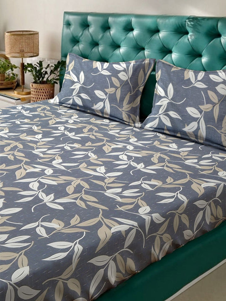Aura Grey Leaf Polycotton 300 TC King Fine Bedsheet with 2 Pillow Covers-98 x 89 inches