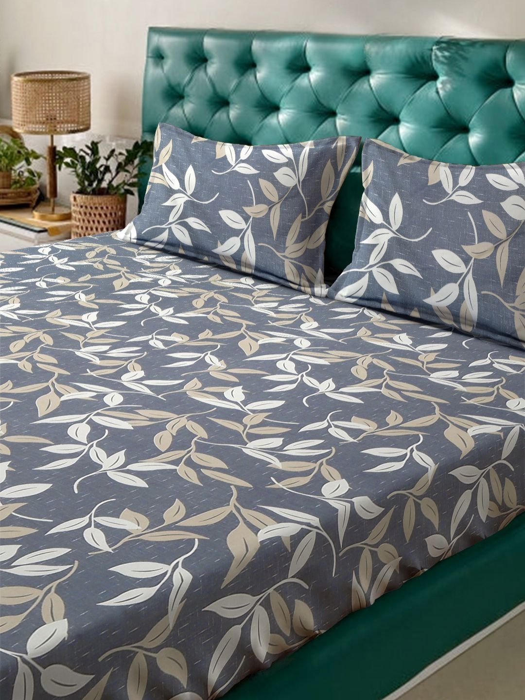 Aura Grey Leaf Polycotton 300 TC King Fine Bedsheet with 2 Pillow Covers-98 x 89 inches