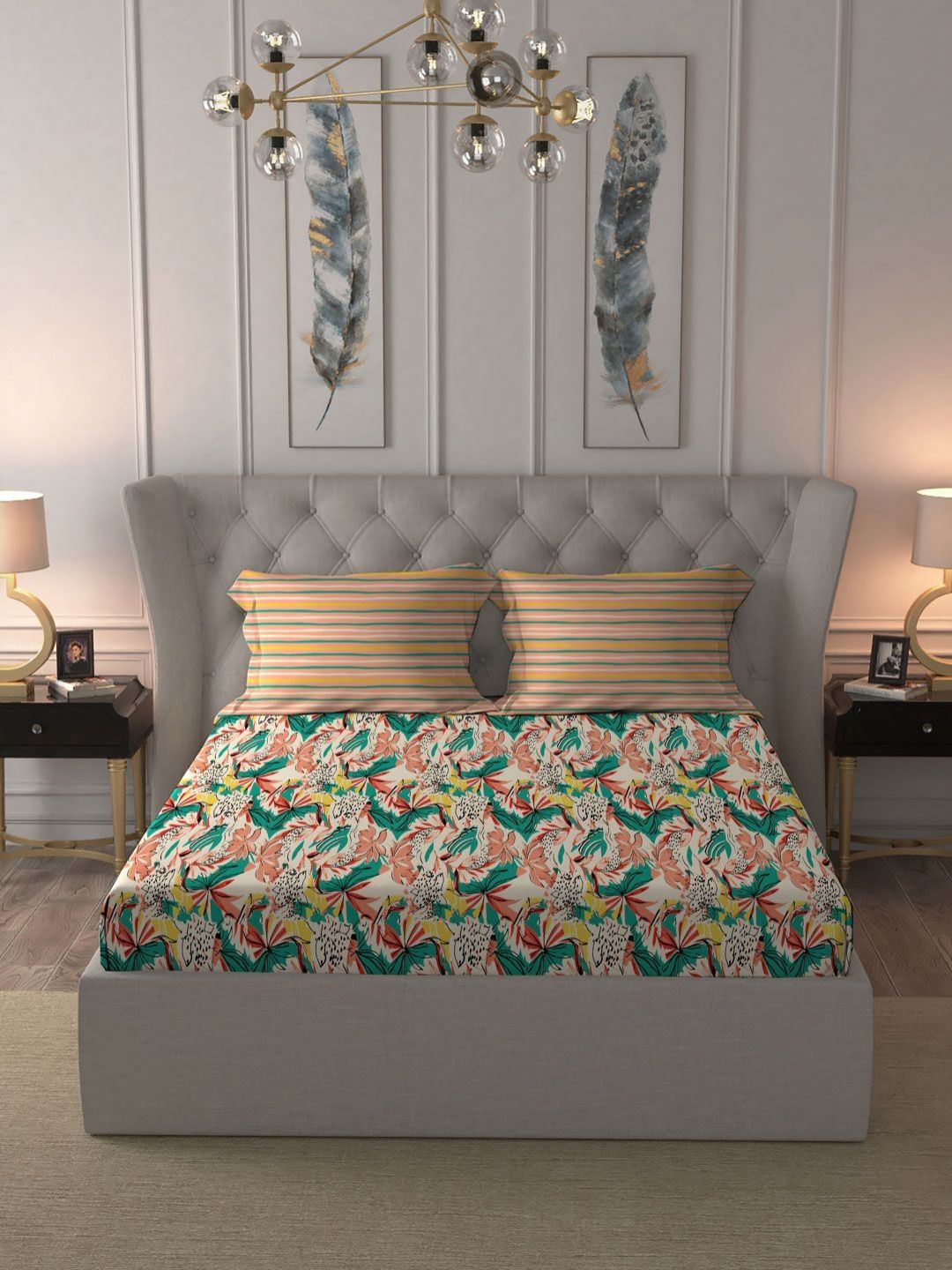 MYTRIDENT Dahlia Peach Moments Flat 120TC Queen Pure Cotton Bedsheet Set