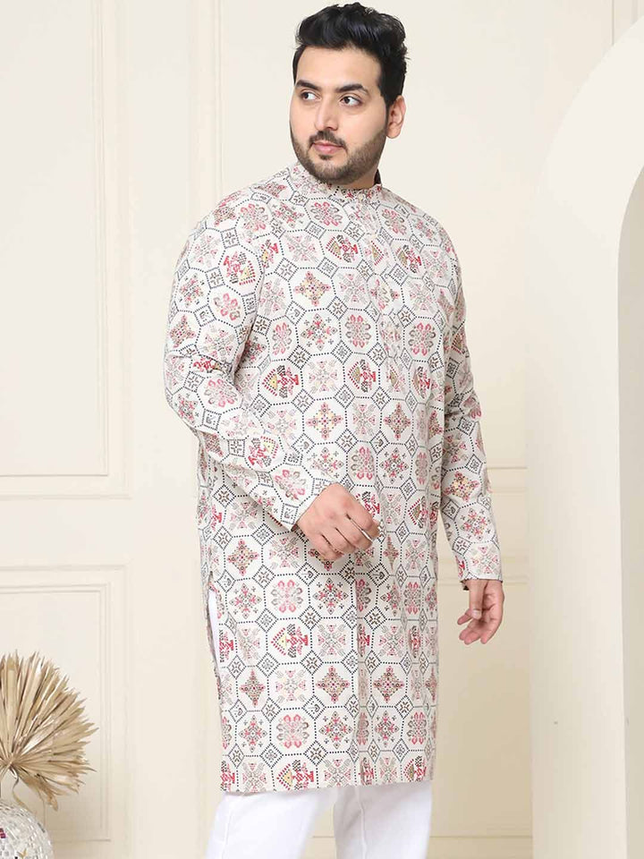 SOJANYA PLUS Ethnic Motifs Printed Band Collar Straight Cotton Linen Kurta