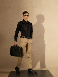 DENNISON Men Smart Spread Collar Windowpane Checked Cotton Formal Shirt