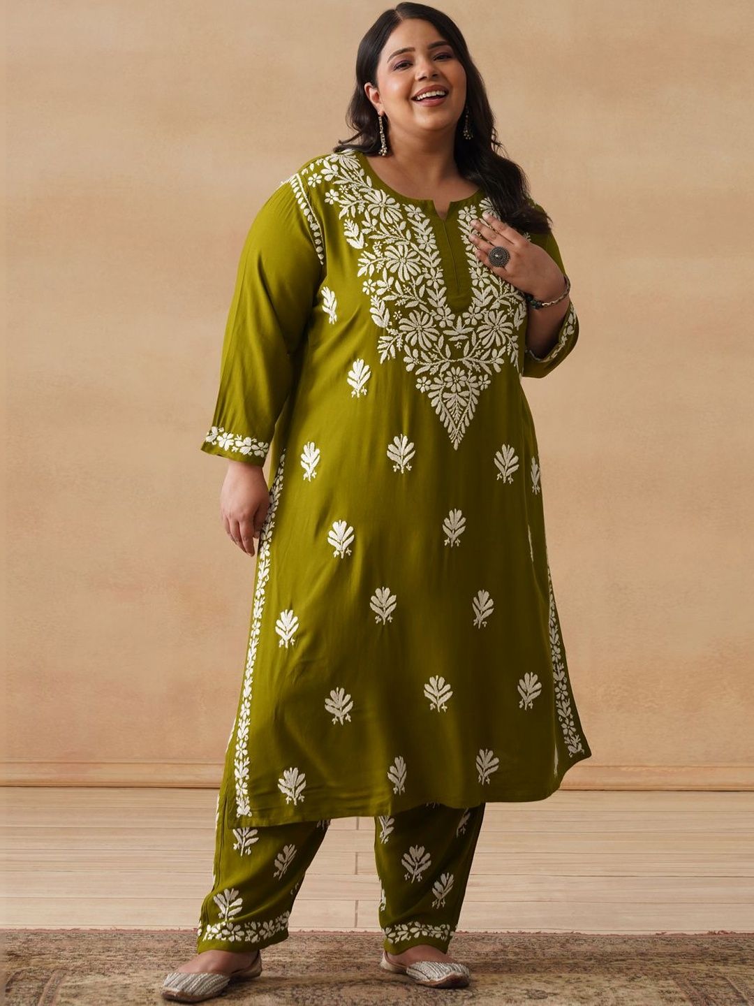 House of Chikankari Women Solid Olive 2 Pieces Regular Kurta with Trousers Set