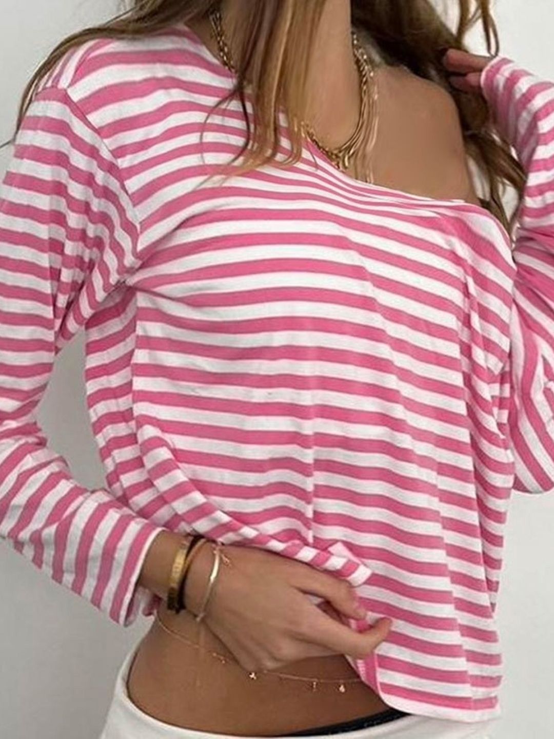 DressBerry Women Striped One Shoulder Long Sleeves Top