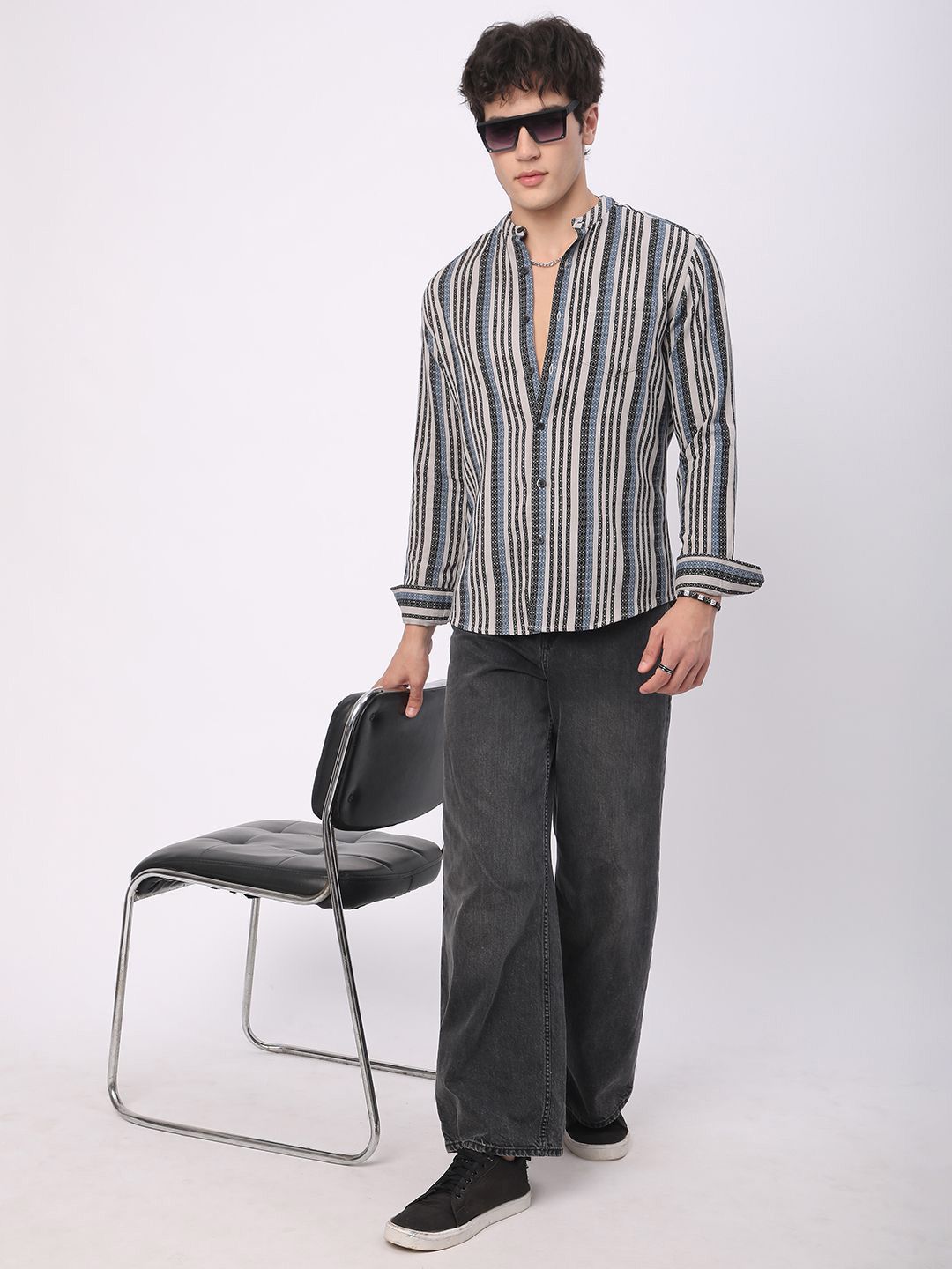 VASTRADO Men Classic Mandarin Collar Multi Striped Cotton Slim Fit Casual Shirt