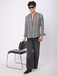 VASTRADO Men Classic Mandarin Collar Multi Striped Cotton Slim Fit Casual Shirt