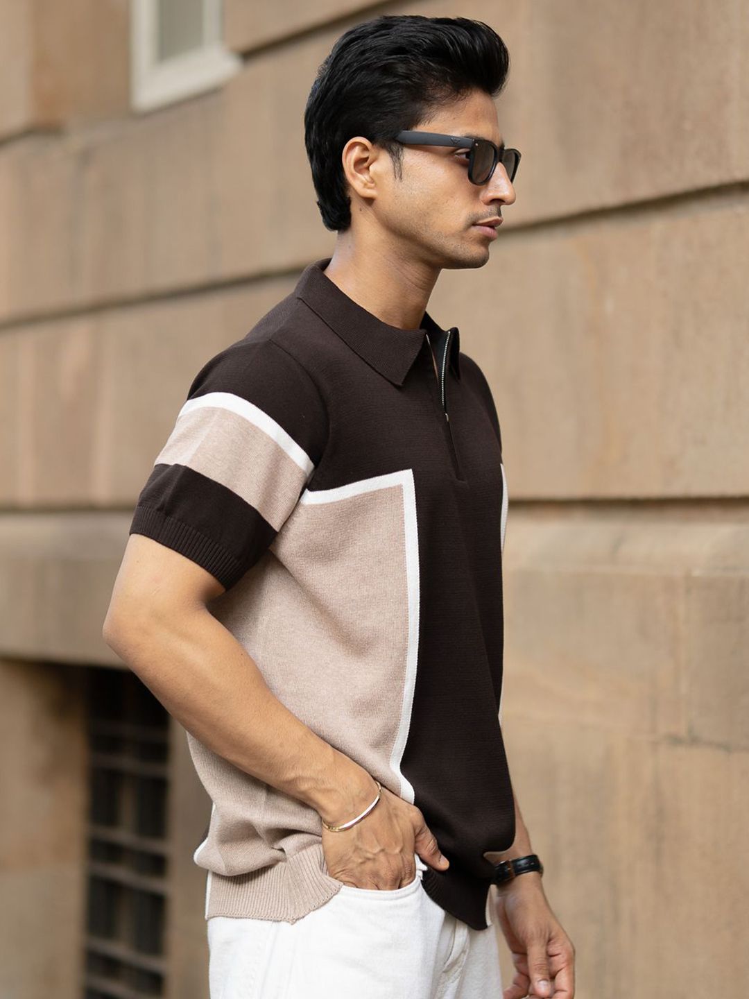 Powerlook SS25 Colourblocked Polo Collar Pure Cotton T-Shirt