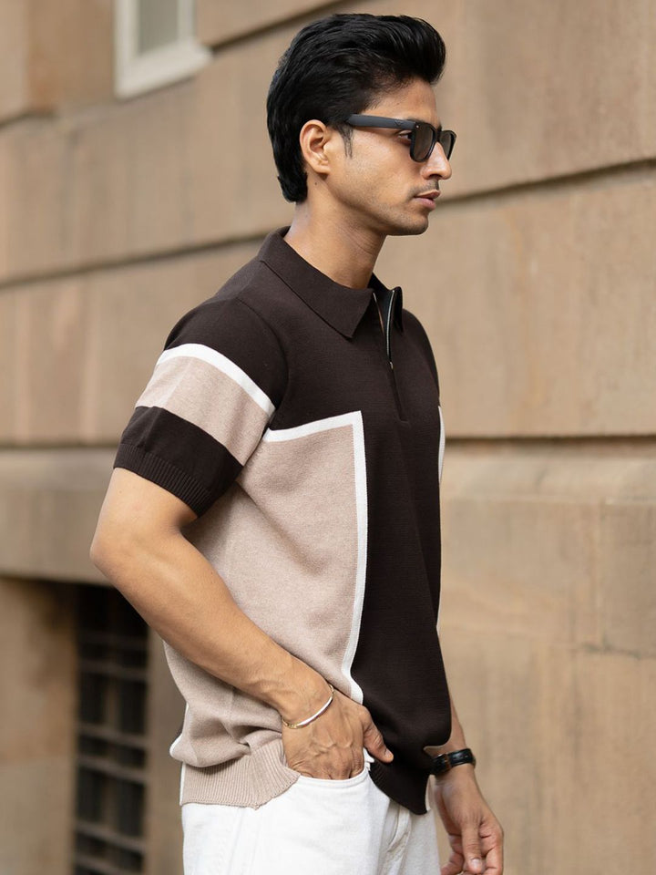 Powerlook SS25 Colourblocked Polo Collar Pure Cotton T-Shirt