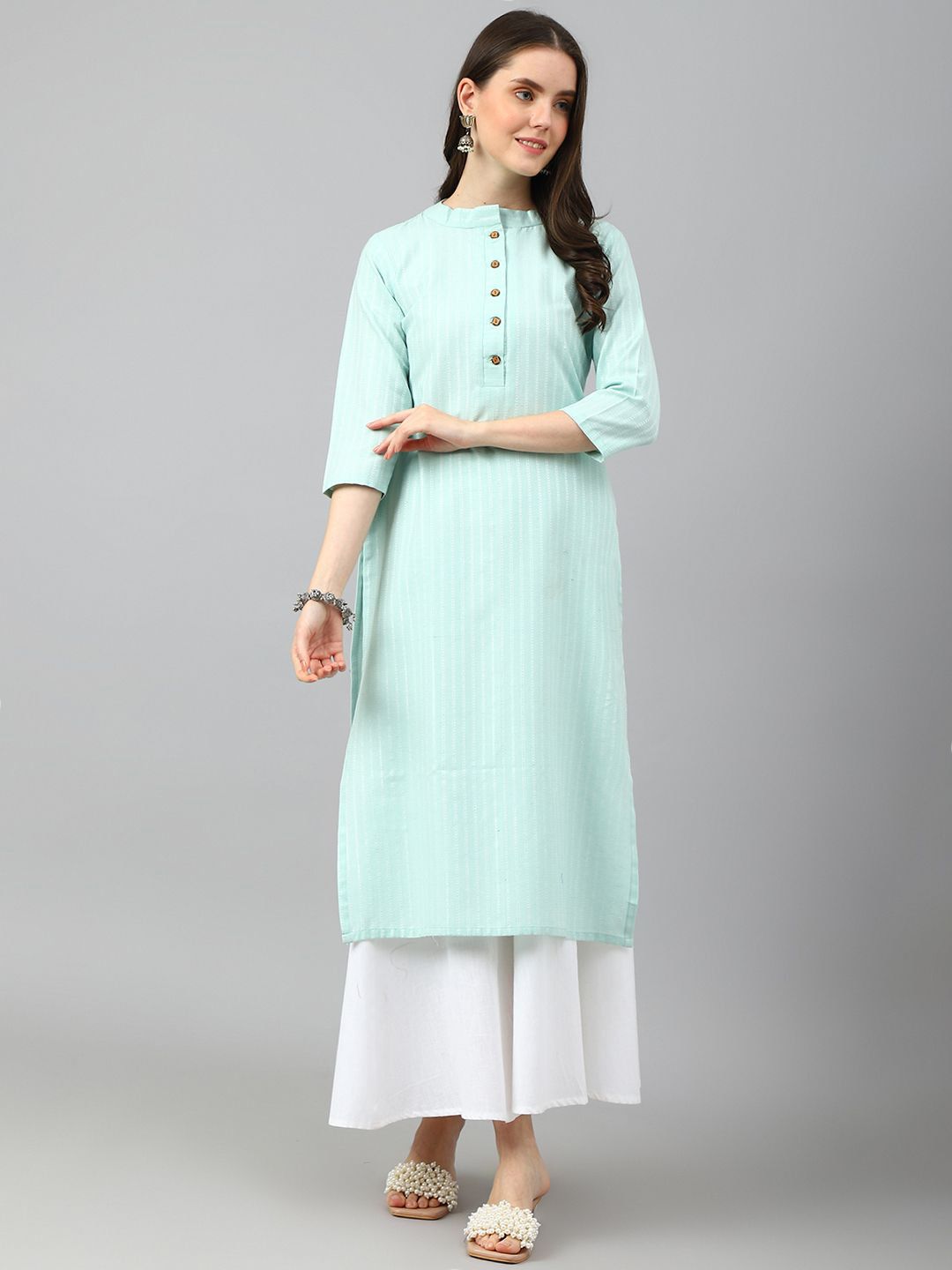 KALINI Striped Woven Design Mandarin Collar Three-Quarter Sleeves Straight Kurta