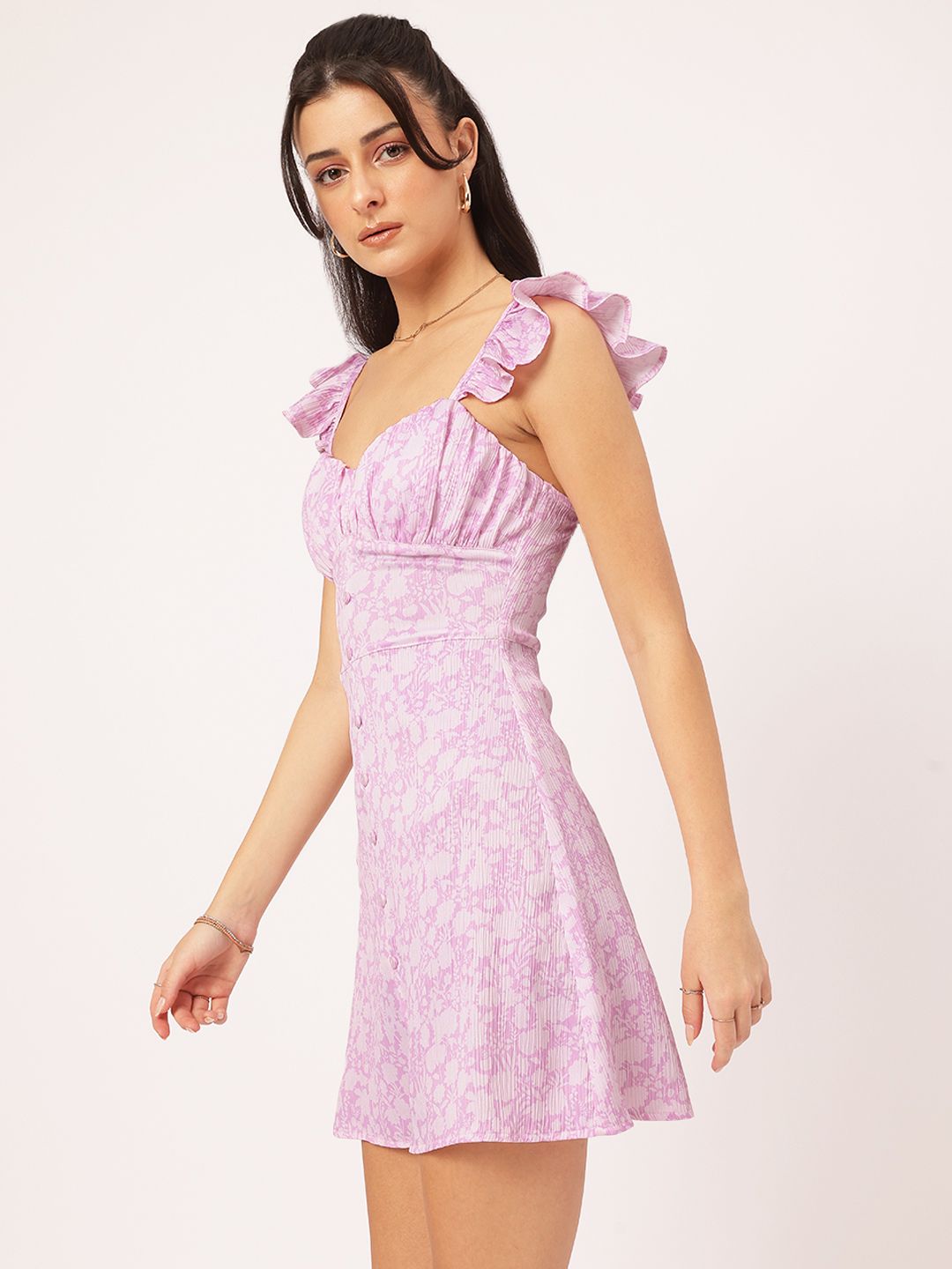 DressBerry Garden Goddess Floral Print Textured Ruffled Sleeves Mini A-Line Dress