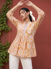 Mamicha Geometric Print Mandarin Collar Bishop Sleeves Cotton Top