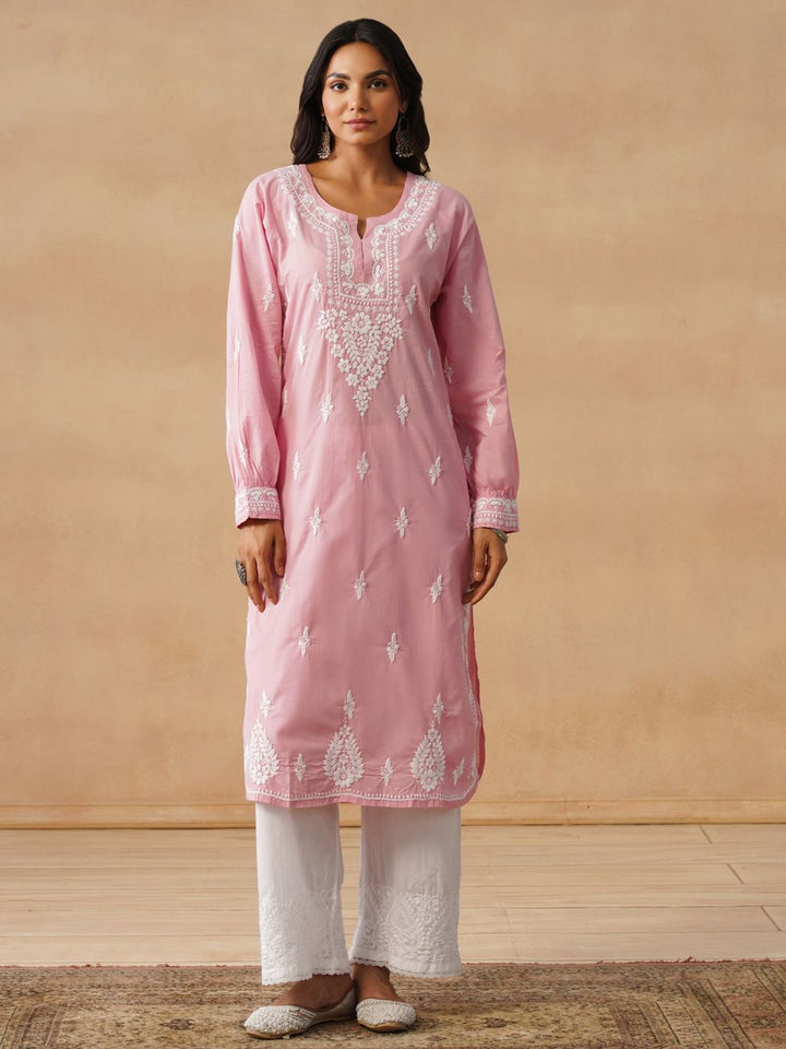 House of Chikankari Women Solid Pink Cotton Kurta