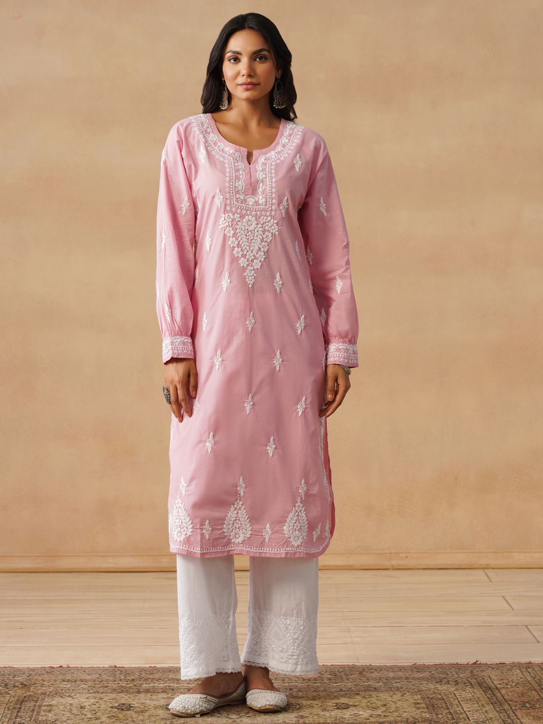 House of Chikankari Women Solid Pink Cotton Kurta
