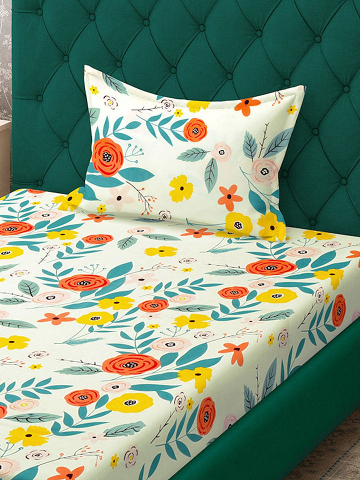 KLOTTHE White Floral Polycotton 300 TC Dilengkapi Cadar Bujang Halus dengan Sarung Bantal-87 x 59 inci