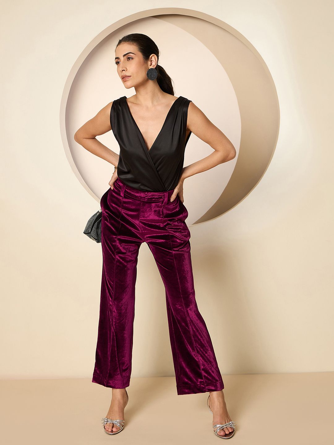 Antheaa Women Smart Straight Fit Velvet Trousers