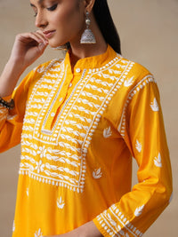 House of Chikankari Women Solid Mustard Embroidered Kurti