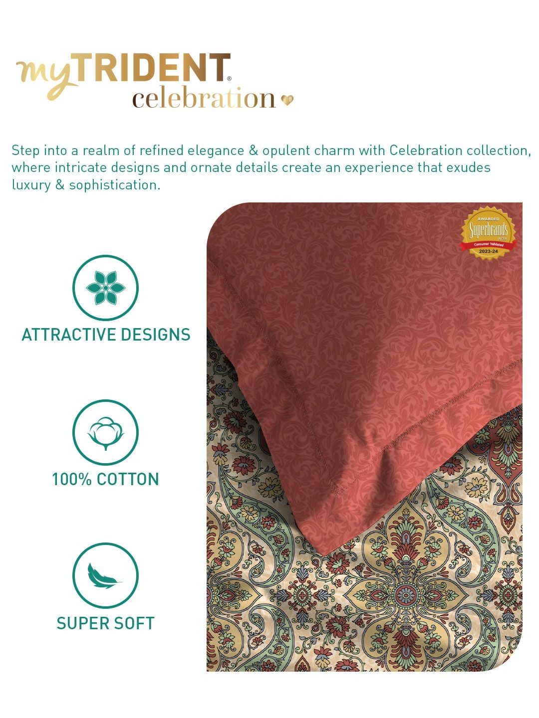 TRIDENT Feza Beige Celebration Flat 144TC Queen Pure Cotton Bedsheet Set