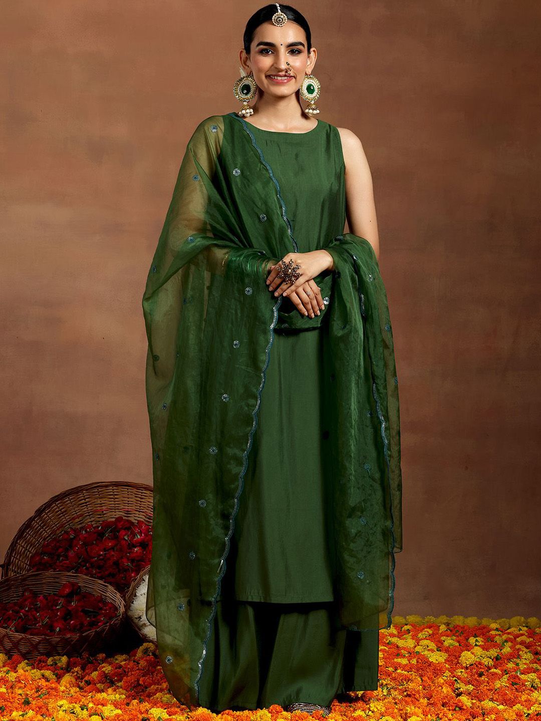 Libas Boat Neck Sleeveless Straight Kurta With Palazzo & Dupatta