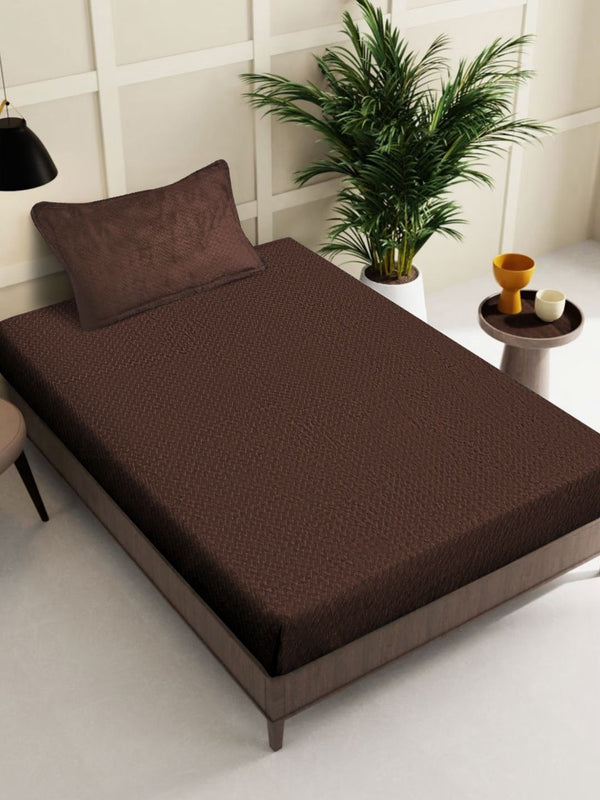 KLOTTHE Brown Abstract 300TC Woollen Single Bedsheet & 1 Pillow Cover