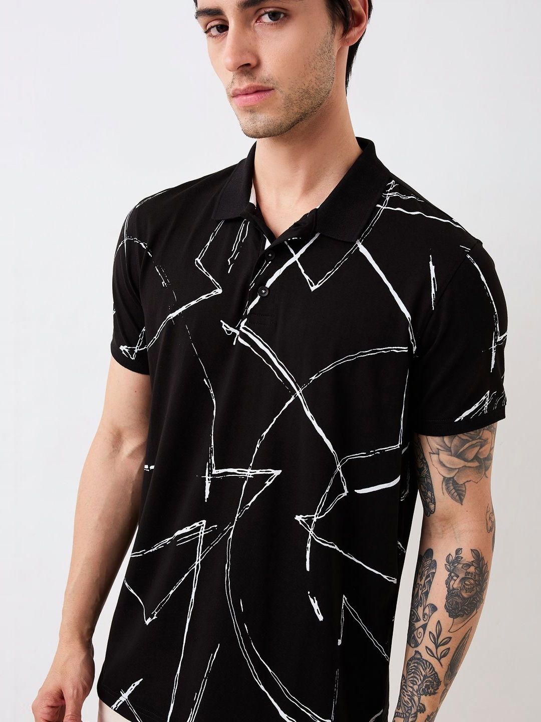 SPYKAR Men Abstract Printed Polo Collar Cotton Slim Fit T-shirt