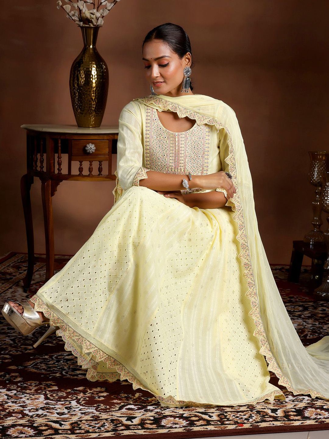 Libas Ethnic Motif Embroidered Sequinned Pure Cotton Anarkali Kurta With Trouser & Dupatta