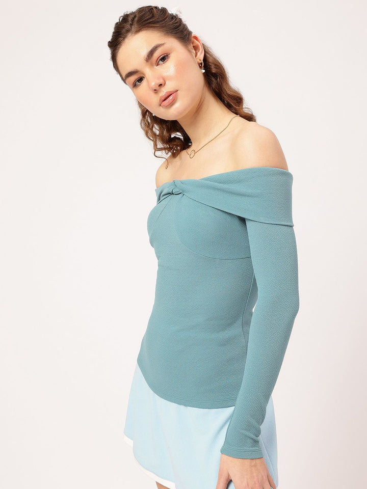 DressBerry Cutesy Knot Off-Shoulder Textured Knit Bardot Top