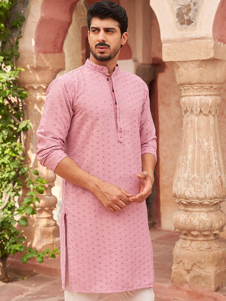 Jompers Geometric Embroidered Mandarin Collar Sequinned Straight Kurta