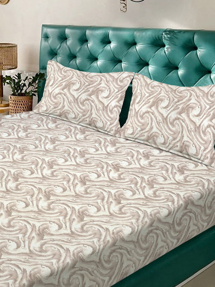 KLOTTHE Beige Abstract 300 TC Fitted Double King Bedsheet With 2 Pillow Covers