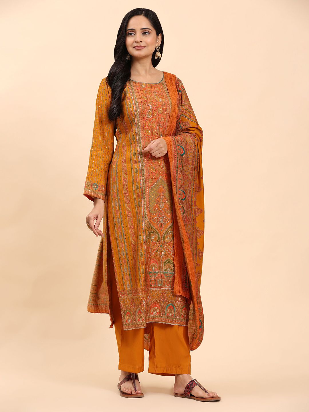 Mamicha Women Paisley Embroidered Regular Pure Cotton Kurta with Palazzos & With Dupatta