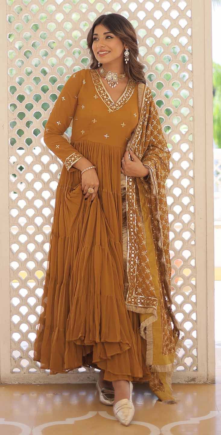 KALINI Sequin Embroidered Tiered Anarkali Kurta With Duppatta