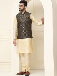 SOJANYA Mandarin Collar Zari Silk Cotton Straight Kurta dengan Piyama & jaket Nehru