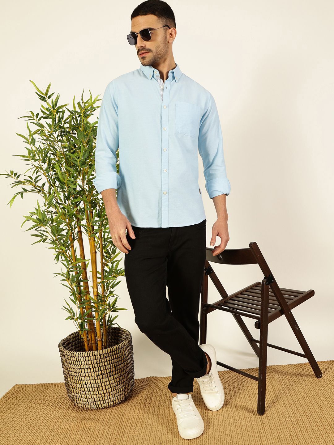 Thomas Scott Men Premium Button-Down Collar Solid Pure Cotton Slim Fit Casual Shirt